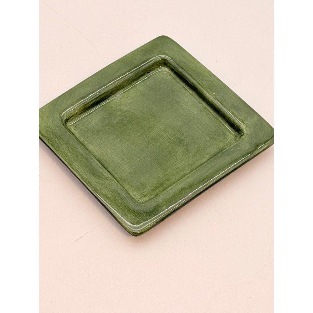 Pottery Barn Green Glazed Ceramic Square Pillar Candle Plate Trinket Tray 4.5in
